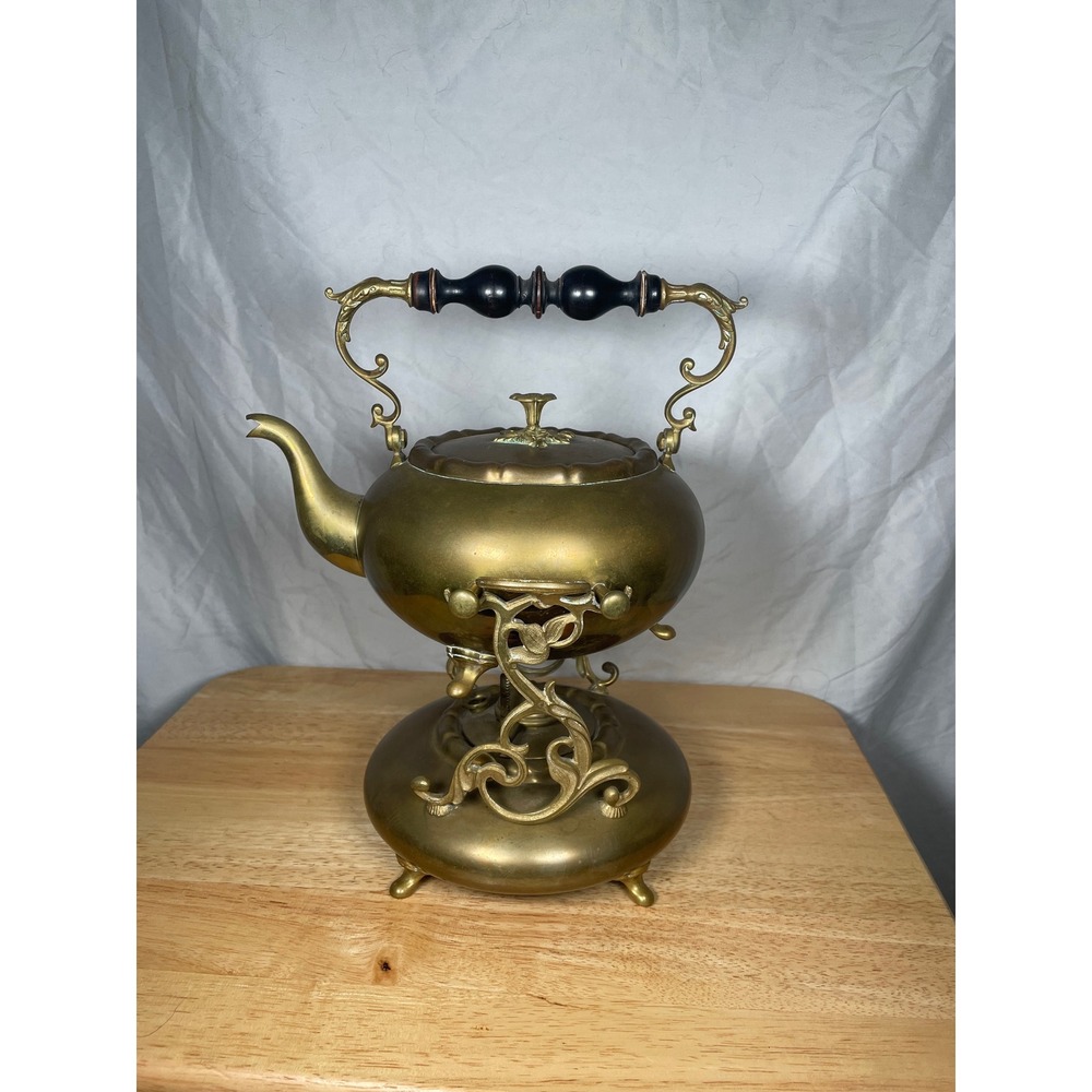 Antique Victorian Tipping Solid Brass Teapot‎ w/ Stand & Burner Made in Germany